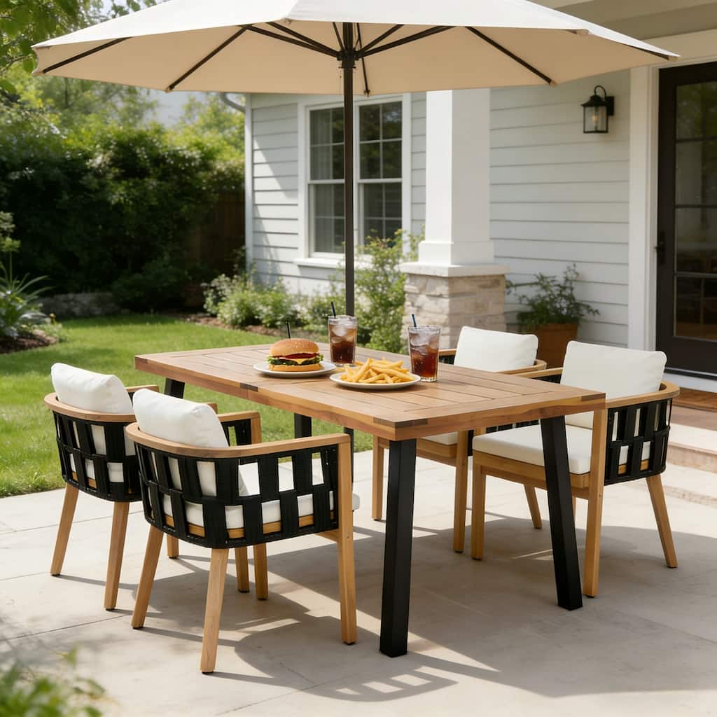 Christopher Knight Home - Della Modern Coastal Outdoor & Indoor Acacia Wood and Rope Dining Set with Cushions & Flat Rope