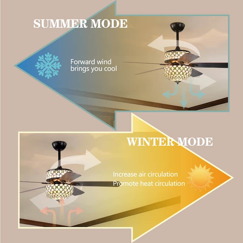 Guarvey 52-Inch Flushmount Two-Tiered Lighted Ceiling Fan Ivory Tiffany Glass Lamp Black Finish