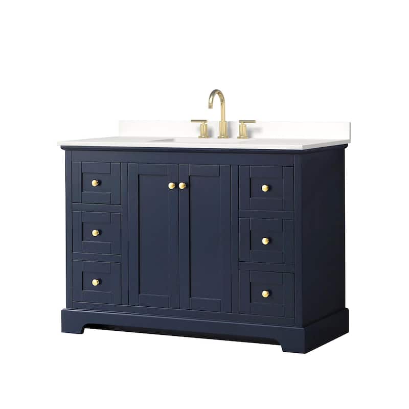 Wyndham Collection WCV232348S-QTZ-US3MXX Avery 48" Free Standing - Dark Blue / White Quartz Top / Brushed Gold