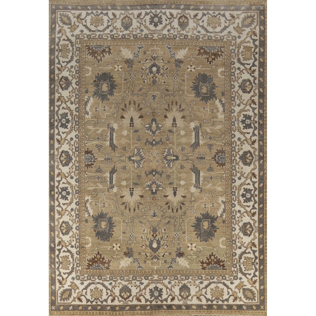 Earth Tone Oushak Style Area Rug Hand-Knotted Transitional Wool Carpet - 9'0" x 11'10"