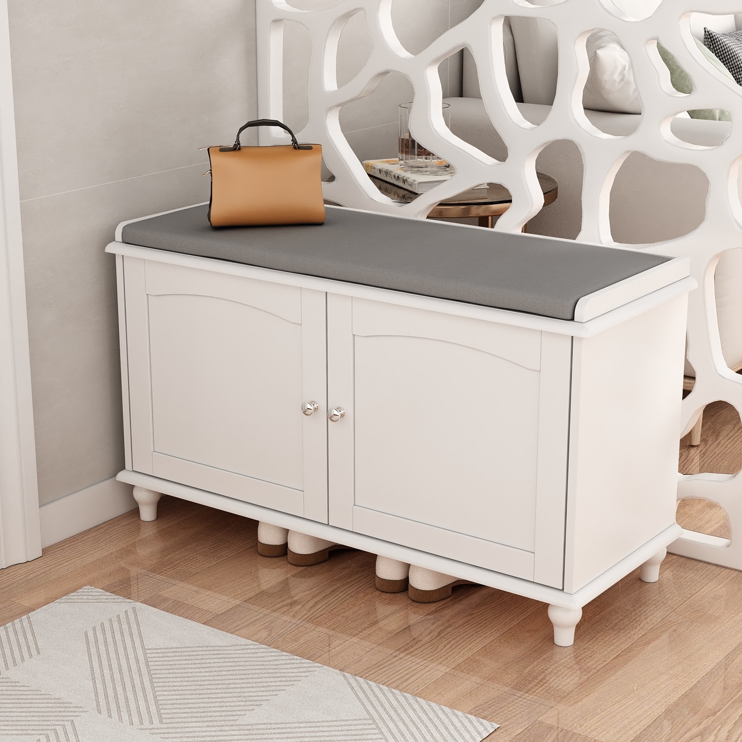 Timechee Shoe Storage Benches White Shoe Rack Bench 2 Doors Cushion 33.5 W