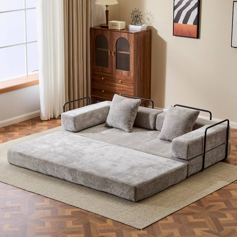 Convertible Floor Sofa Bed in Light Grey Chenille Fabric, 77x37x24 inches - Multi-Color