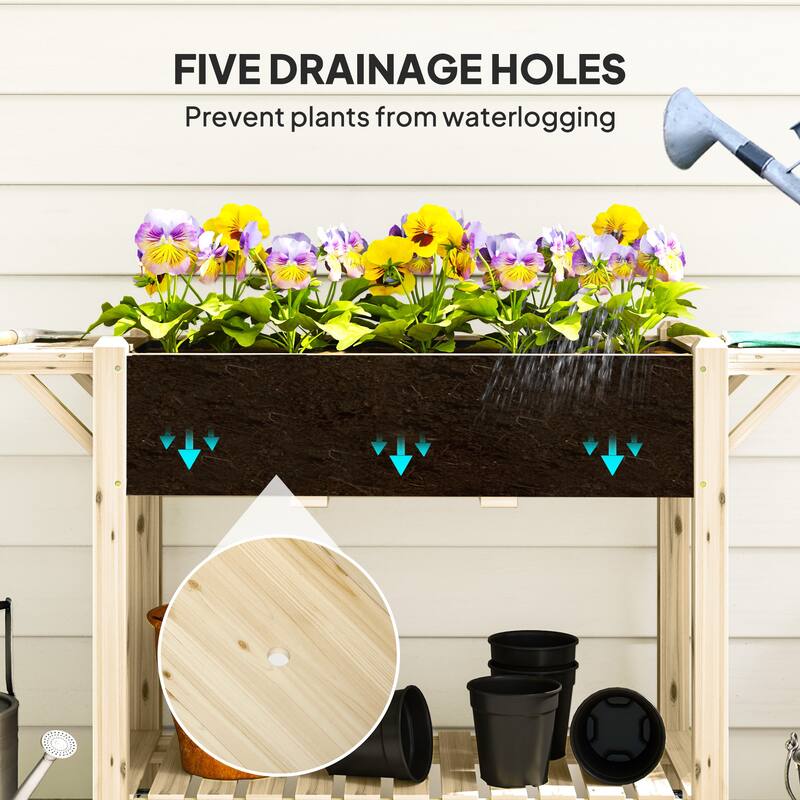 Raised Garden Bed with Storage Shelf and Foldable Ledges Fir Wood Planter for Indoor Outdoor Gardening