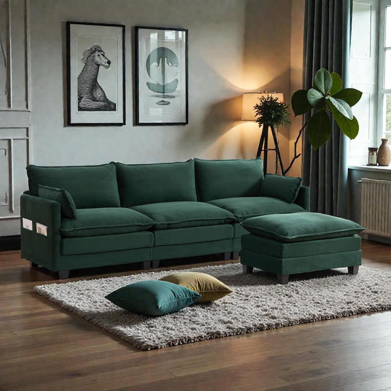 Oversized Modular Sectional Sofa with Ottoman, 102 Inch 4 Seat Corduroy L Shaped Couch for Living Room