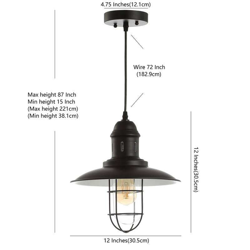 Deere 12" Adjustable Iron/Glass Cage Light LED Kitchen Pendant, Black by JONATHAN Y