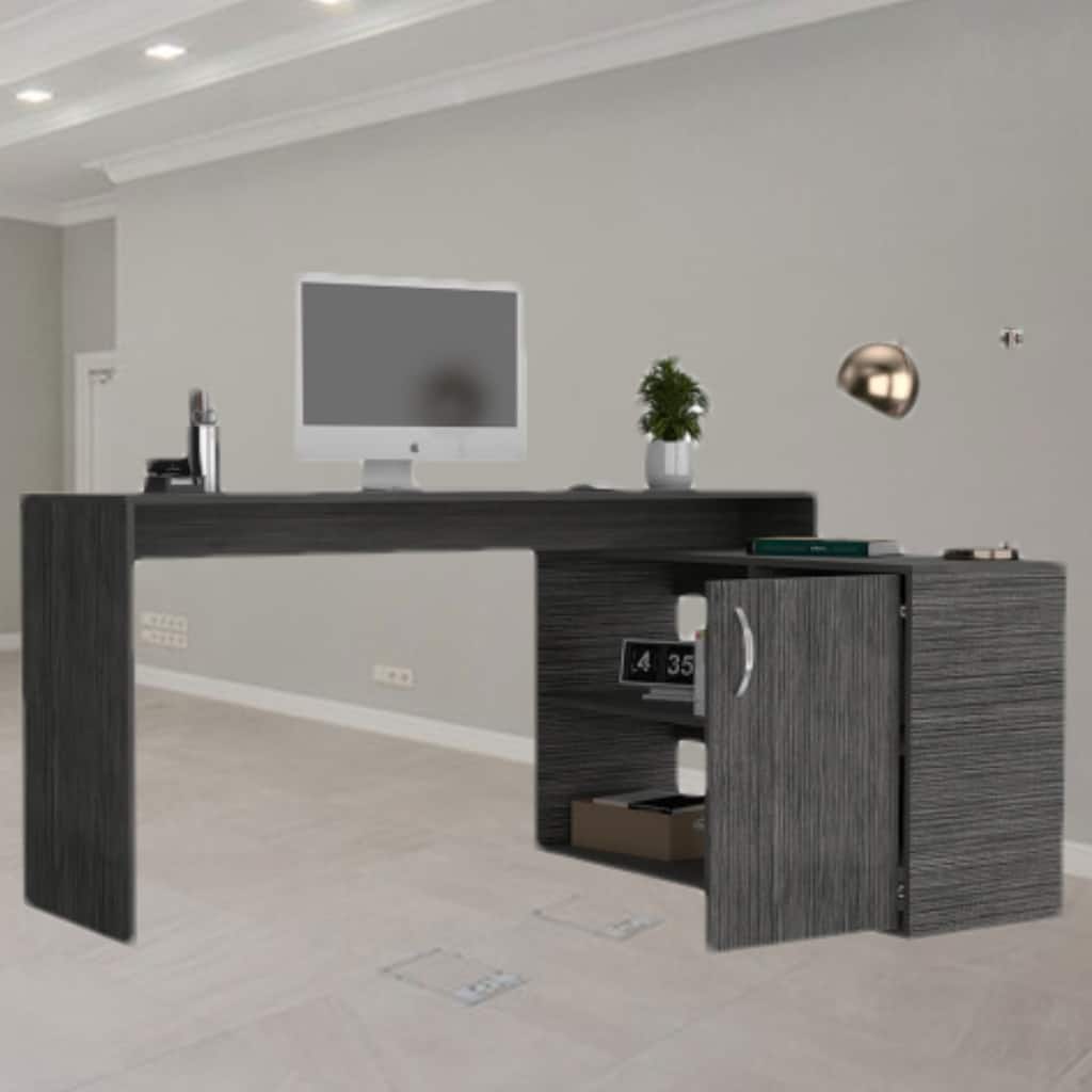 Spacious L-Shaped Desk with Open Shelves and Cabinet for Office Storage and Maximum Workspace Utilization