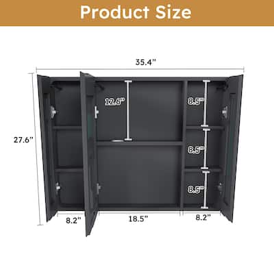 Silver Glass LED Bathroom Medicine Cabinet with Defogger and Shelves - 35.4” W x 5.9" D x 27.6" H