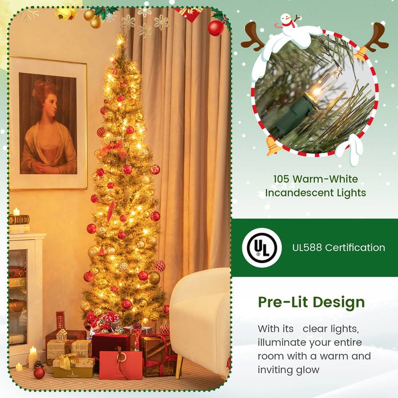 Gymax 6/7 FT Pre-Lit Artificial Christmas Tree Slime Pencil Christmas