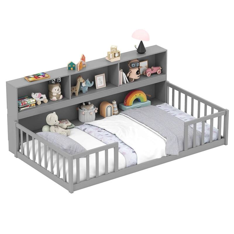 Pine Wood Twin Montessori Floor Bed with Bookshelf and Safety Rails - Grey