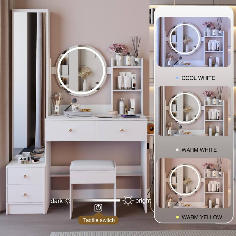 Full Body Mirror Cabinet + Round Mirror LED Vanity Table + Cushioned Stool, With 2 AC + 2 USB Power Station