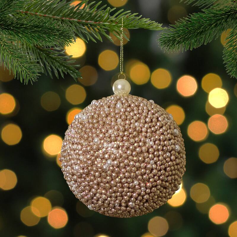 4" Gold Glitter Beaded Christmas Ball Ornament