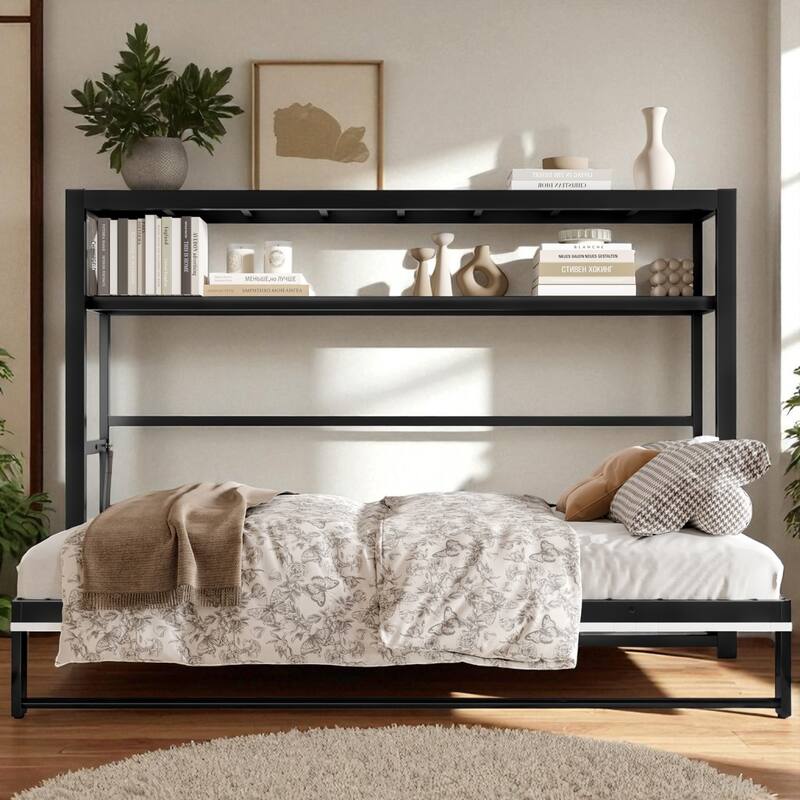 Twin Size Foldable Metal Murphy Bed with Shelf, Wall Mounted Space-Saving Bed Frame with Storage, Black - White - Twin