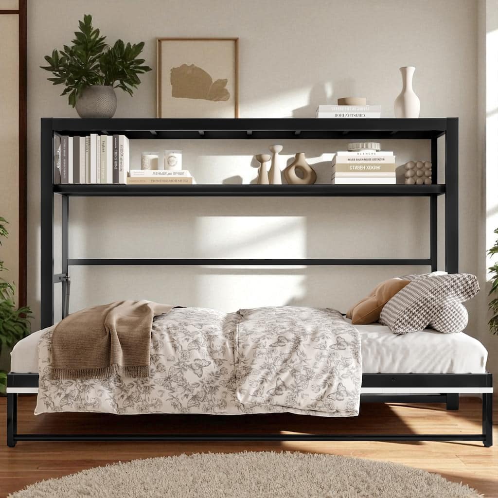 Twin Size Foldable Metal Murphy Bed with Shelf, Wall Mounted Space-Saving Bed Frame with Storage, Black