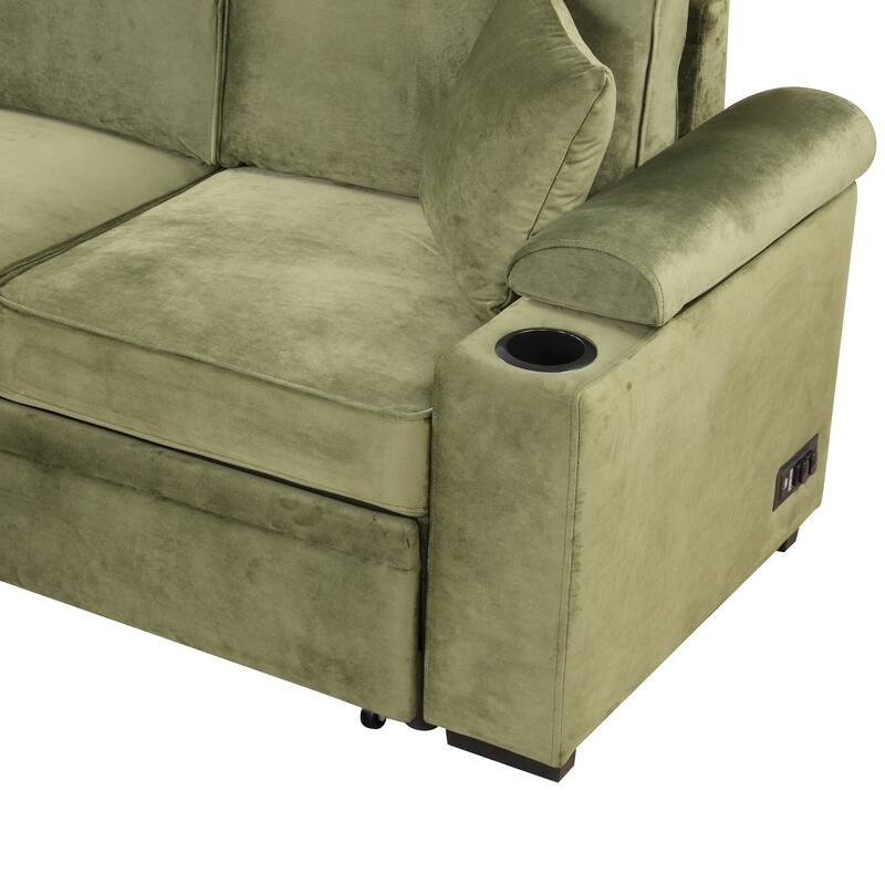 Linen 2 in 1 Pull Out sofa bed L-Shape Couch with Storage Ottoman and Cup Holder Sleeper Sofa Bed with Backrest and Pillows