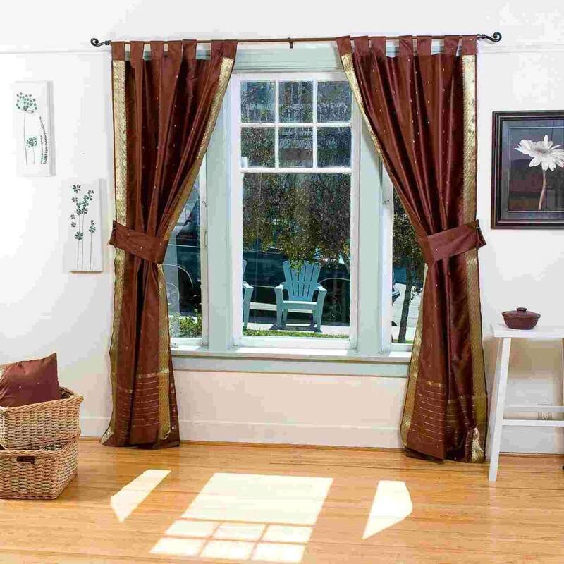 Indo Brown Tab Top Sari Sheer Curtain (43 in. x 84 in.) with matching tieback - Brown - 84 Inches