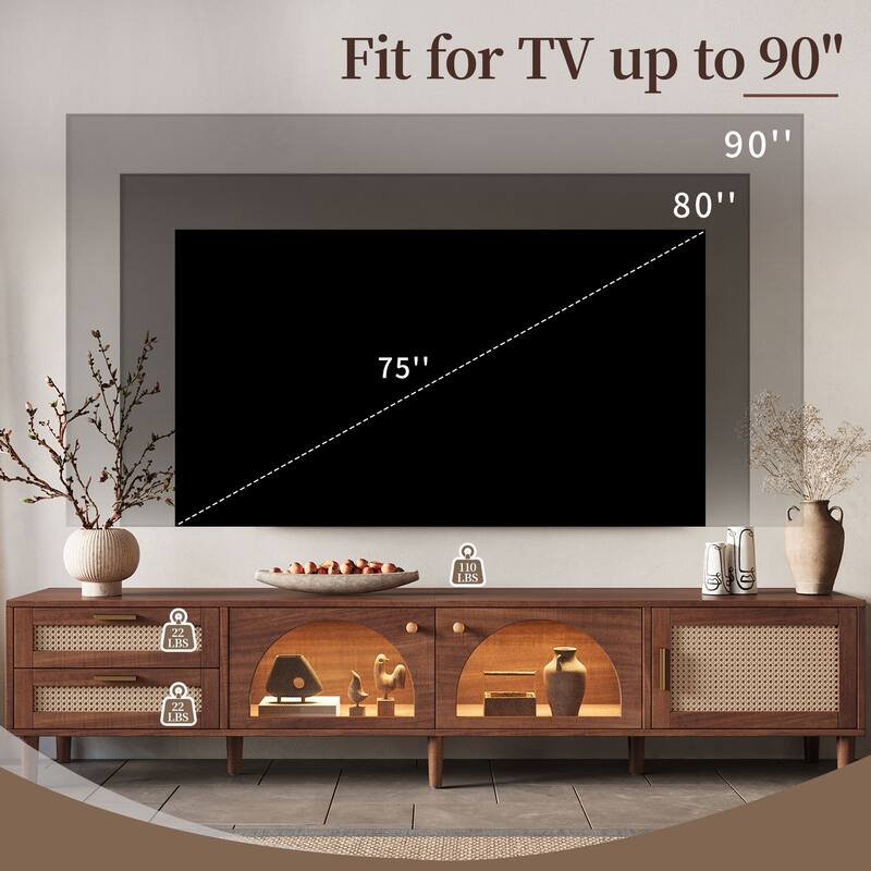 86" TV Stand for TVs up to 90", Modern Media Console with App-Controlled LED Lights, Rattan Doors, Drawers & Glass Storage