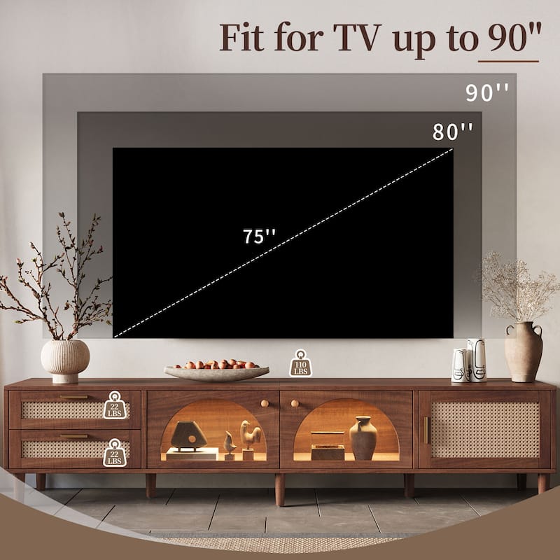 86 inch TV Stand for TVs up to 90", Entertainment Center with App Controlled LED Lights, 2 Drawers & Glass Door Storage