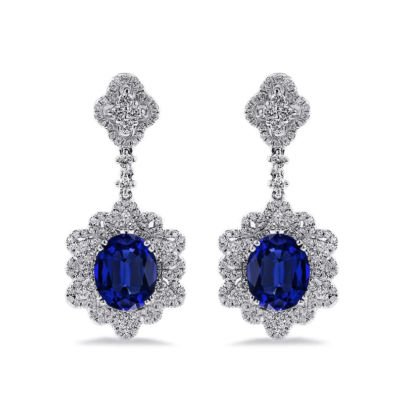 Auriya Fancy 5 3/4ct Royal Blue Sapphire Oval and 1 1/4ctw Dangling Halo Diamond Earrings 18K Gold