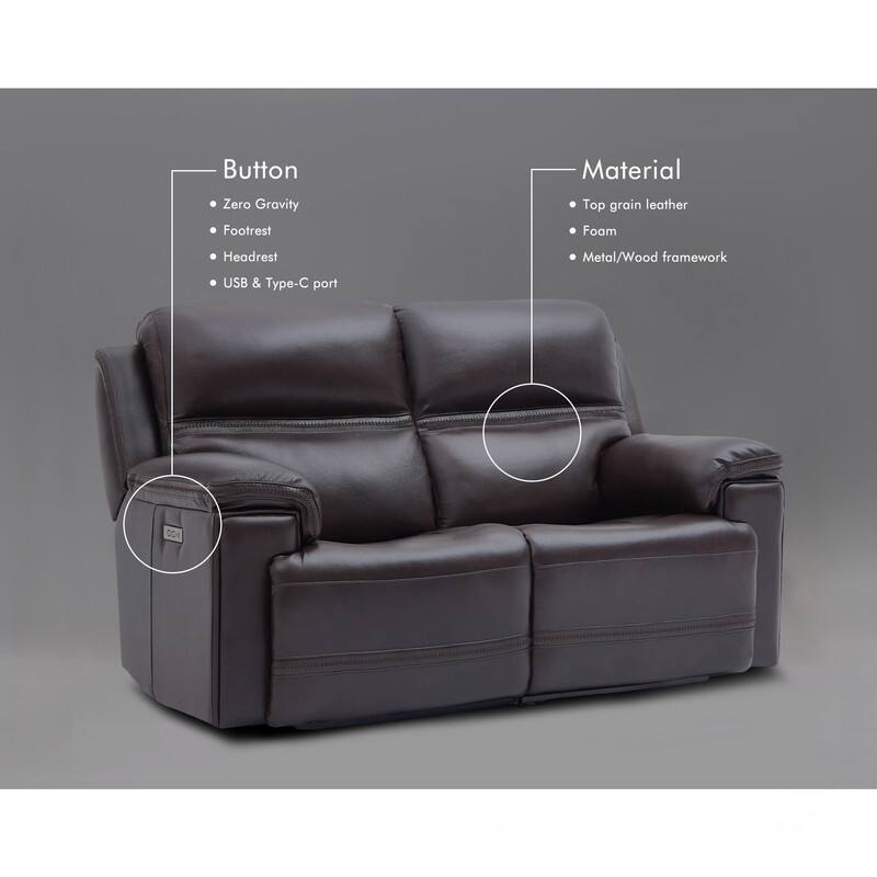 Genuine Leather Dual Power Reclining Loveseat with Zero Gravity, Adjustable Headrest, USB/Type-C & Cross-stitching Detail