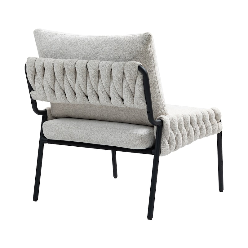 Beige Fabric Metal Lounge Chair with Cushioned Seat and Braided Arms - 26.77" D x 25.20" W x 33.07" H