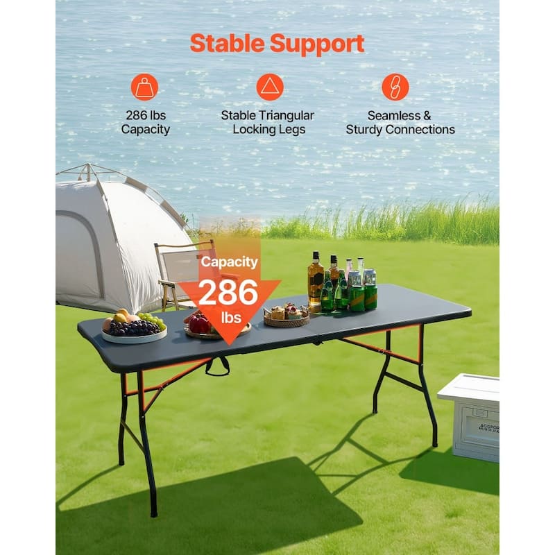 6FT Folding Camping Table Portable Picnic Desk with HDPE Top and Steel Legs for Outdoor BBQ