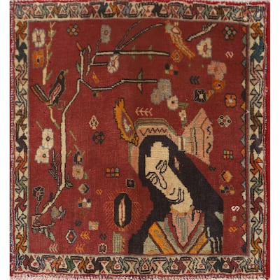 Pictorial Shiraz Persian Vintage Square Rug Handmade Red Wool Carpet - 2'1" x 2'2"