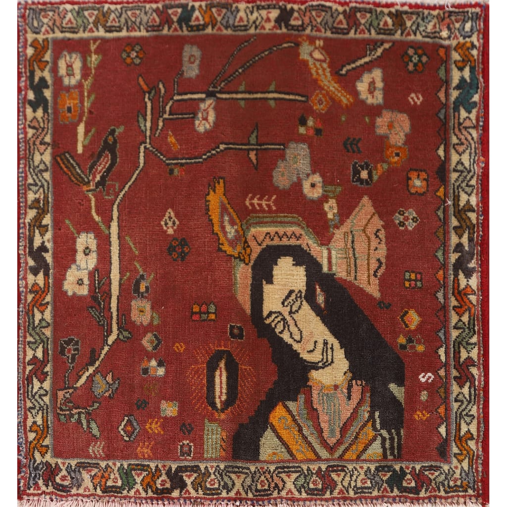 Pictorial Shiraz Persian Vintage Square Rug Handmade Red Wool Carpet - 2'1" x 2'2"