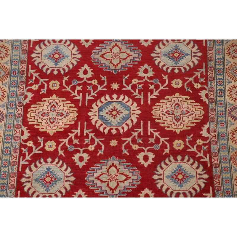 Red Geometric Kazak Area Rug Handmade Oriental Wool Carpet - 6'0" x 8'10"