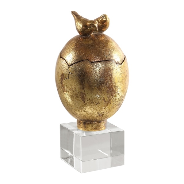 10" Antique Gold Hatched Egg Box with Perched Bird Handle Lid - N/A