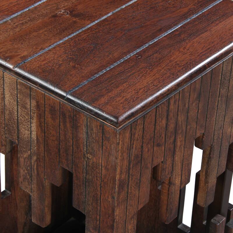 24 Inch Accent Side End Table, Brown Acacia Wood, Slatted Square Top, Handcrafted Abstract Silhouette, Black Iron