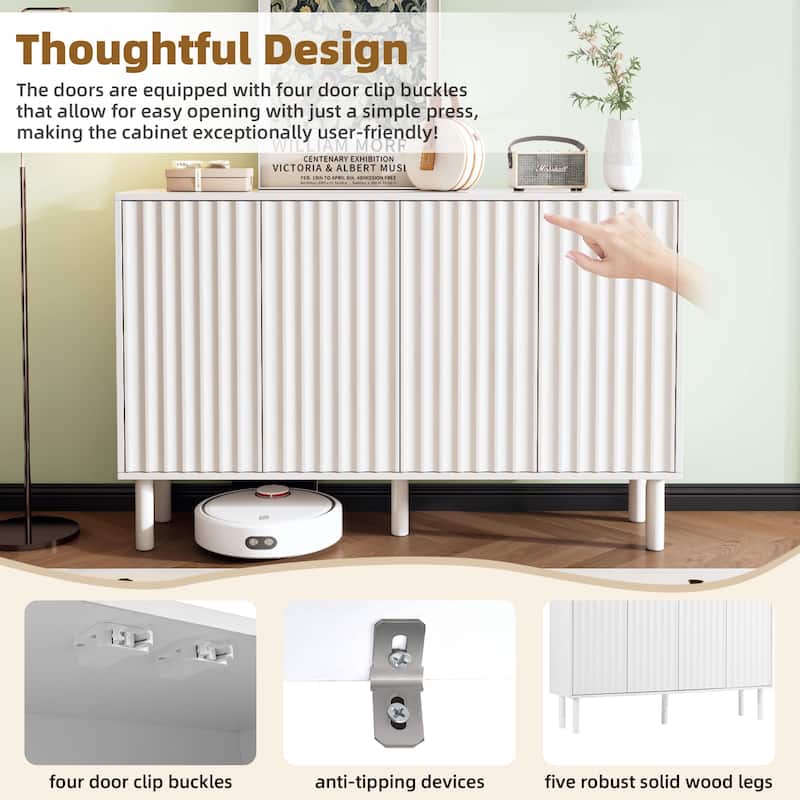 Minimalist Shoe Cabinet with Fluted Doors and 5 Solid Wood Legs - 55.1" W × 13.7" D × 35.4" H