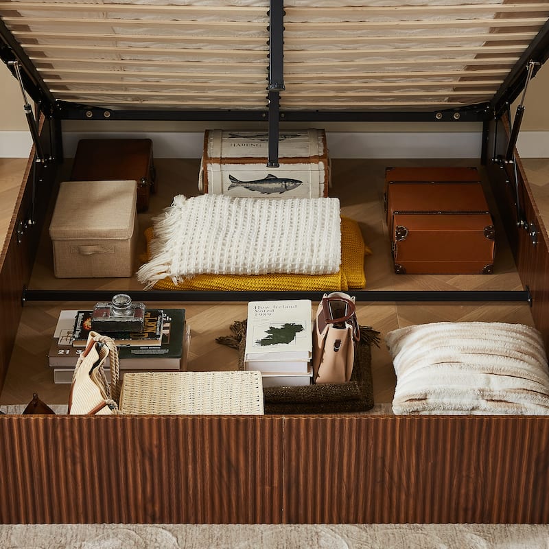 Queen Lift Up Storage Bed Frame, Wooden Corrugated Lines Platform Bed Frame with Headboard, Wooden Slats, No Box Spring Needed