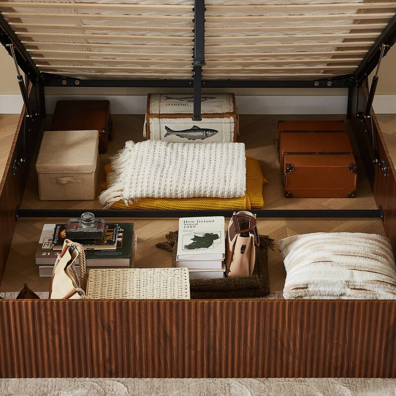 Queen Size Lift Up Storage Bed Frame, Wooden Corrugated Curved Lines, Hydraulic Storage/No Box Spring Needed