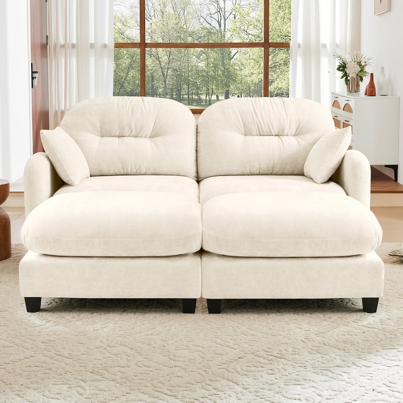 2 Seat Chenille Sofa Round Arms Sectional Sofa, Modern 74" Tufted Back Couch with Ottoman for Lving Room, Small Space
