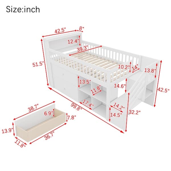 dimension image slide 0 of 2, Twin Size Loft Bed with LED and Bookshelf, Wood Low Loft Bed with Stairs, Kids Twin Loft Bed with Storage Drawers and Shelves