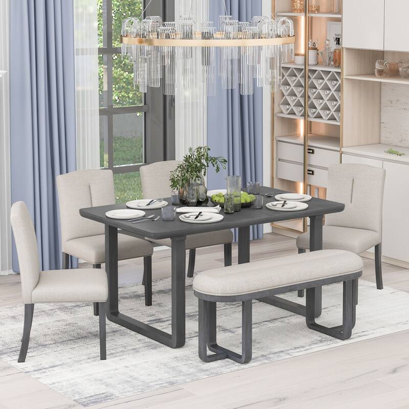 6Piece Rectangular Dining Set with Upholstered Chair & Cushions Bench