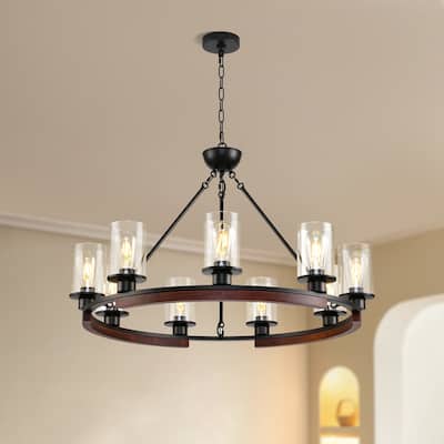 9 - Light Wagon Wheel Dimmable Chandelier with Wood Accents - Matte Black