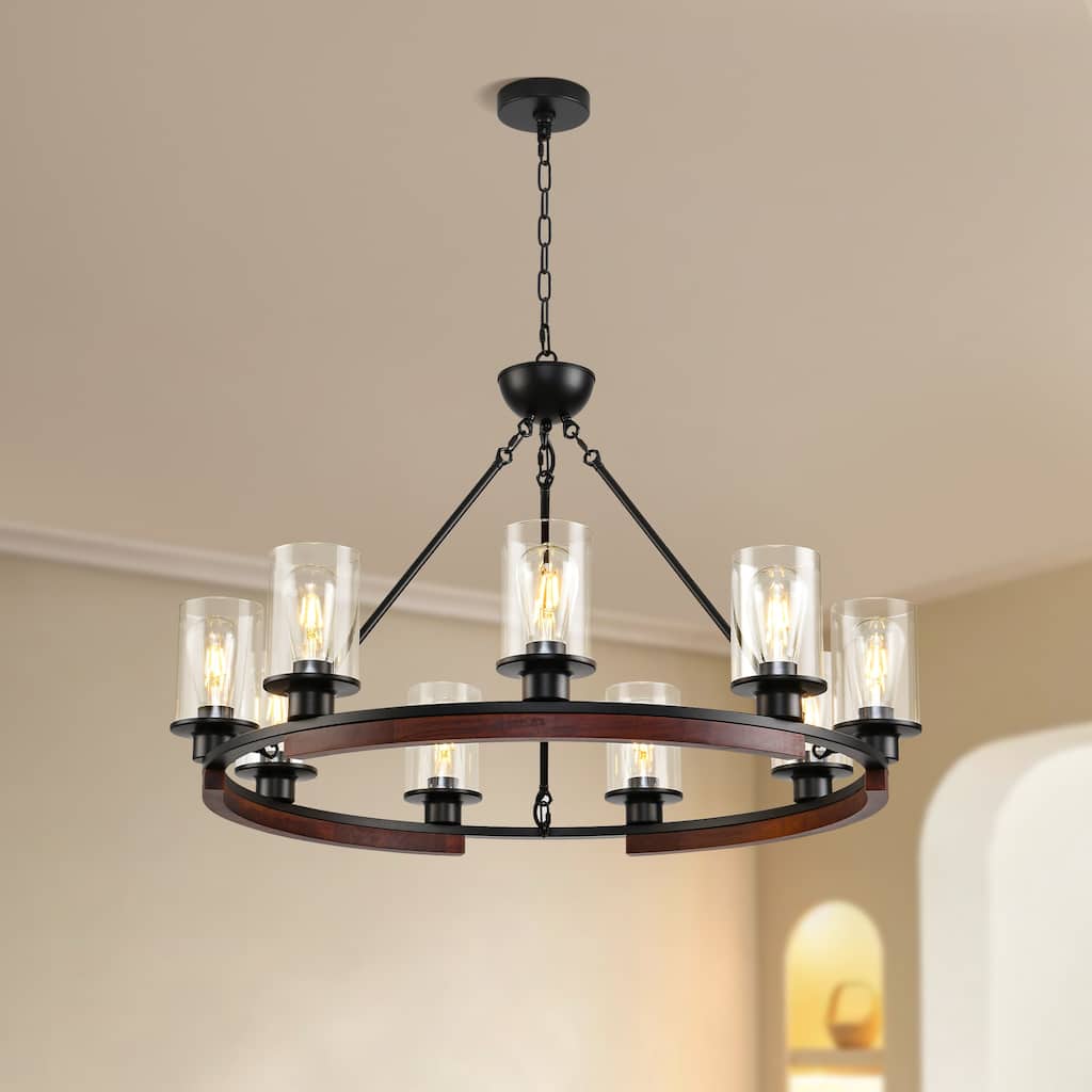 Modern Farmhouse Circular Chandelier with Glass Shades, Black & Wood Finish - Matte Black