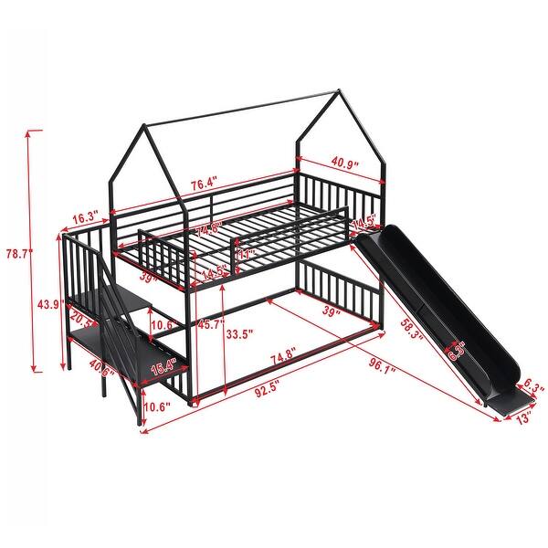 Low Bunk Bed Metal House Frame Twin Over Twin w/Roof, Slide, Staircase