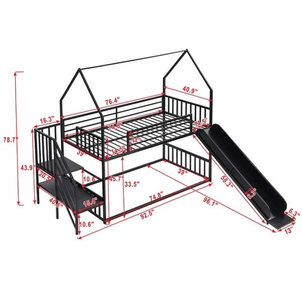 dimension image slide 1 of 2, Twin Metal Bunk Bed with Slide and Storage Staircase, House-Shaped Design