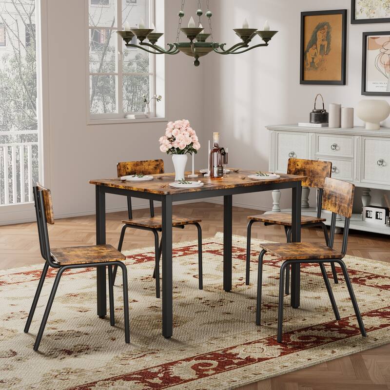 Kitchen Dining Table Set Metal Frame Breakfast Table with 4 Dining Chairs Modern Casual Dining Table Set 5-Piece Dining Set