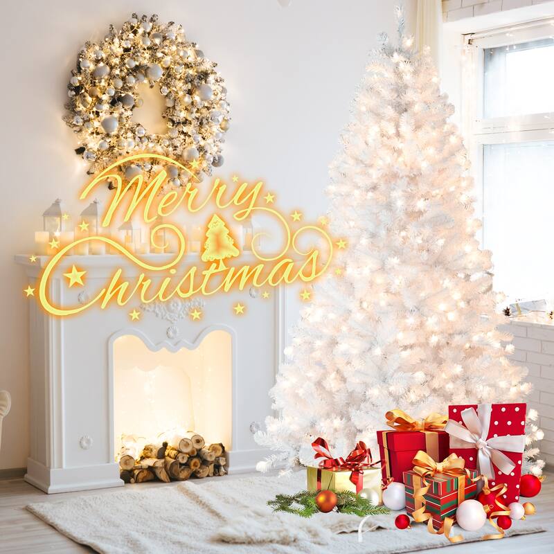Pre-Lit White Artificial Christmas Tree - Memory Wire, Incandescent Lights, Auto-Unfold, Metal Stand