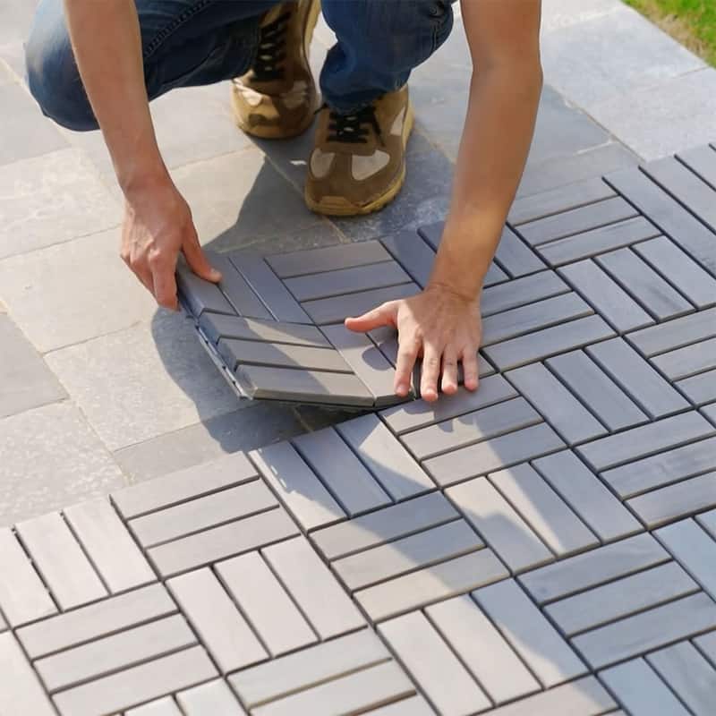 1 ft. x 1 ft. Acacia Wood Outdoor Interlocking Deck Tiles, Box of 10 - Gray - 12 Slats