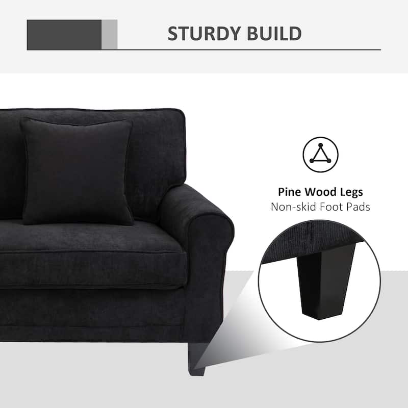 HOMCOM Modern Classic 3-Seater Sofa Corduroy Fabric Couch with Pine Wood Legs, Rolled Arms for Living Room, Black
