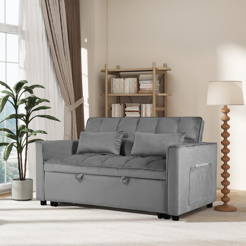 3 in 1 Convertible Sleeper Sofa Bed, Small Loveseat Lounge Sofa, Velvet Fabric Sofa with Side Pocket, Reclining Back & Pillows