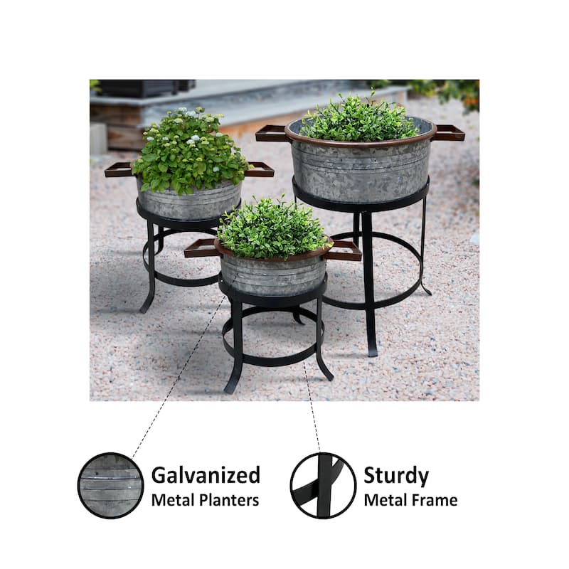 21, 18, and 16 Inch 3 Piece Round Tub Metal Planter Set with Stand in Galvanized Gray and Black Iron