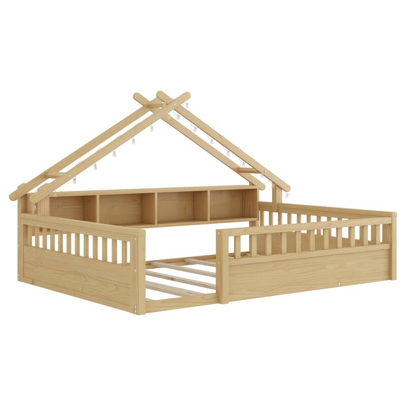 House-shaped Daybed Kids Wood House Bed Montessori Toddler Floor Bed with Roof Shape Storage Bookshelves and Light