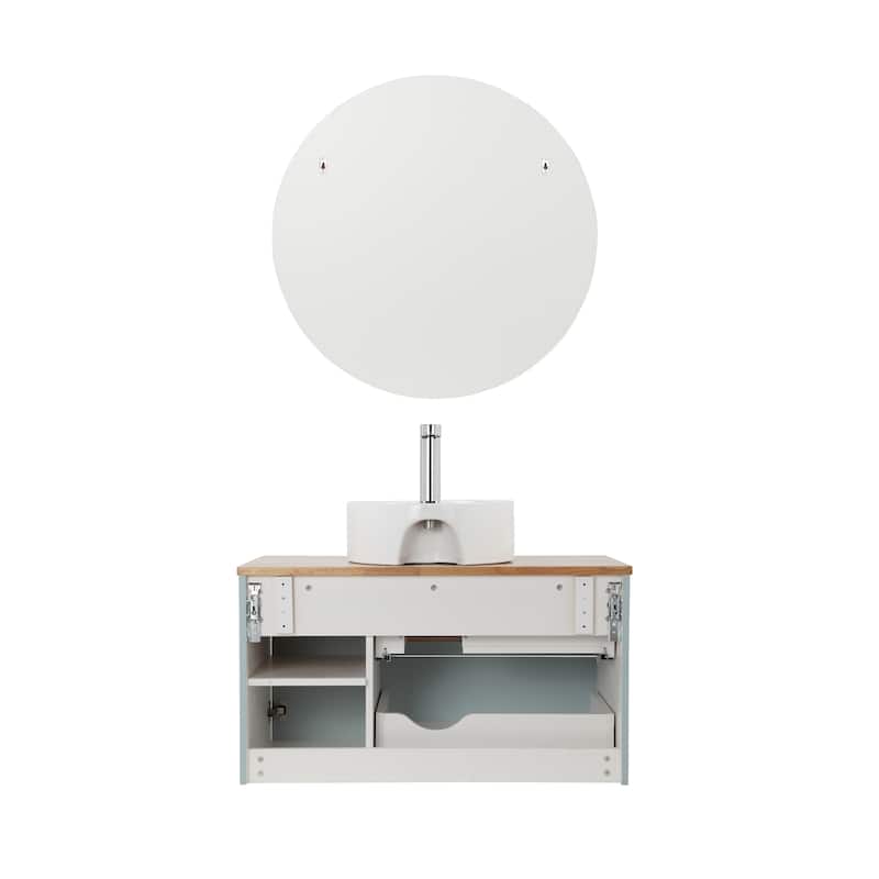 36" Blue Wall-Mounted Bathroom Vanity with Drawers, Top and Mirror