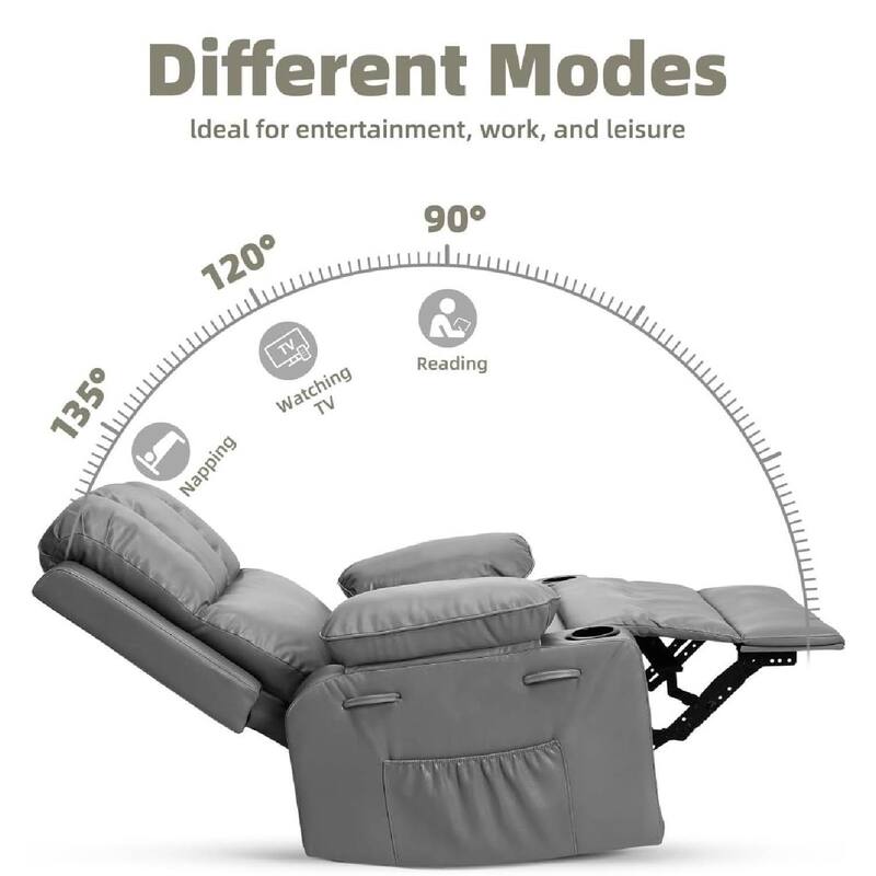Oversized PU Recliner Sofa Chair with Heat Massage 360° Swivel and Manual Rocking Function