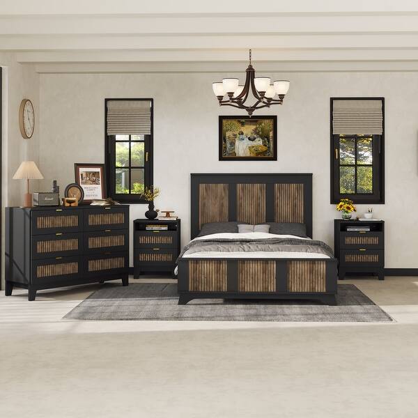Roomfitters 4-Piece Bedroom Set Full/Queen Farmhouse Platform Bed with Wooden Strip Design, Nightstand, and Storage Dresser